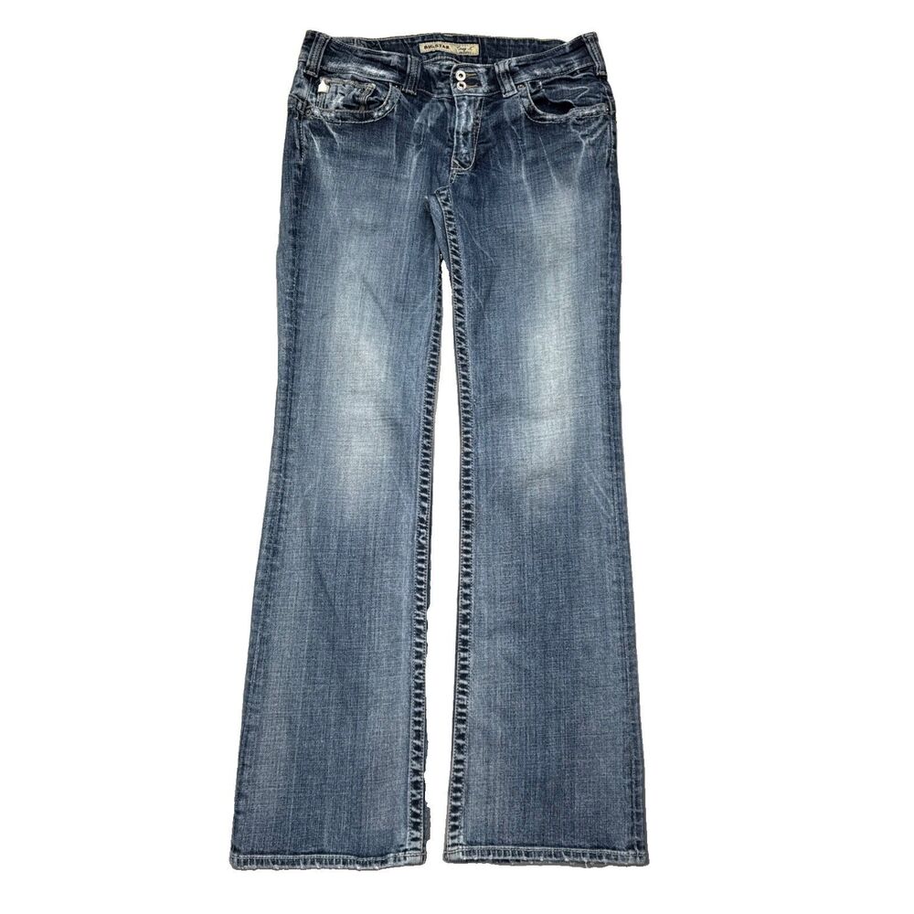 Big Star Casey K Low Rise Jeans Blue Distress Embroidery Womens - Sz 31L 31x32.5